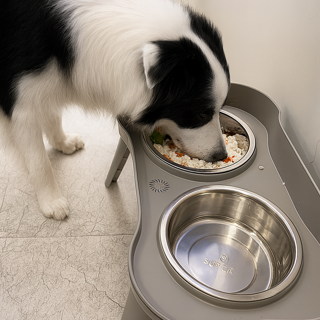 Grand chien blanc mangeant dans sa gamelle double surélevé de couleur gris avec deux gamelle en inox. Image produit Boutiquechien