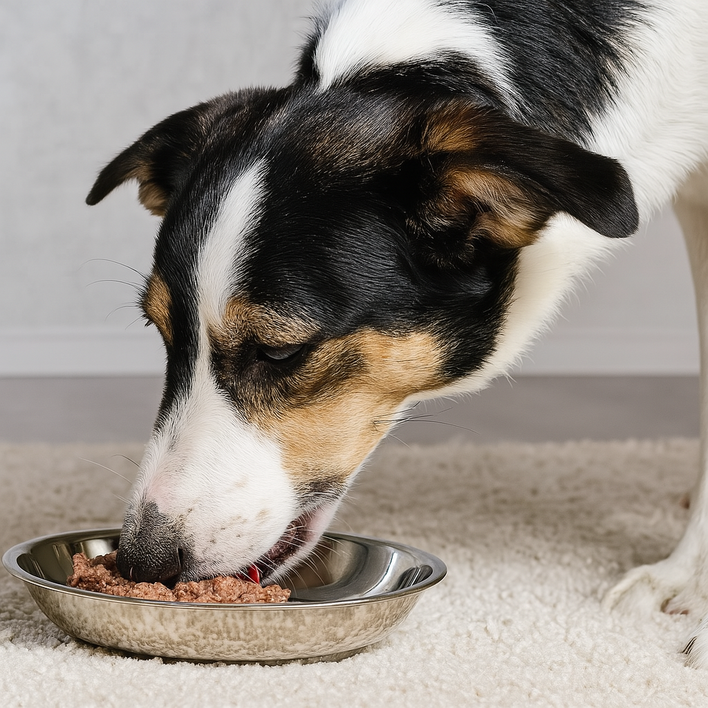 chien blanc mangeant dans sa gamelle en inox mangeant de la pâté pour chien. le chien est sur un tapis blanc avec en fond un mur blanc. Image produit Boutiquechien