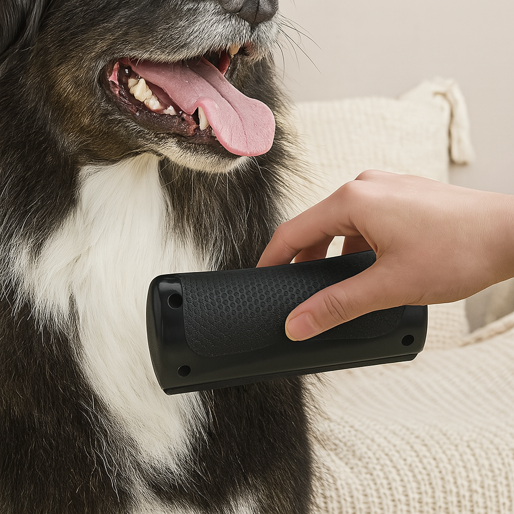 Chien de couleur noir et blanc se faisant brosser par une brosse pour chien de couleur noir. En fond il y a un canapé de couleur blanc. Image produit Boutiquechien