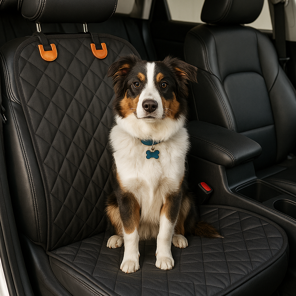 Chien de couleur noir et blanc posé sur une protection de siège pour chien de couleur noir. La protection de siège est dans un intérieur de voiture de couleur noir avec le chien assis portant un collier pour chien. Image produit Boutiquechien
