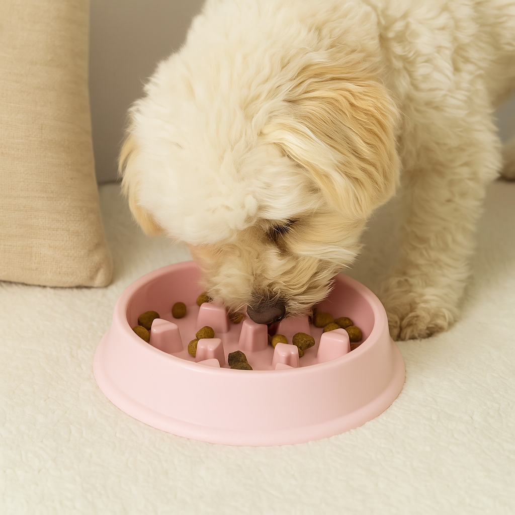Chien blanc mangeant dans une gamelle pour chien anti-glouton de couleur rose avec des formes de couleur. Image produit Boutiquechien