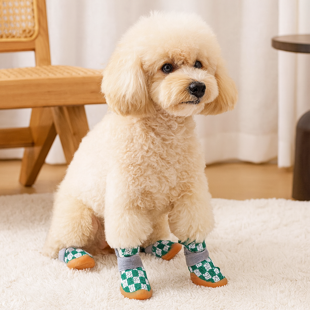 Petit chien blanc assis dans un salon de couleur claire avec aux pattes des chaussures pour chiens de couleur verte et blanche. Image produit Boutiquechien