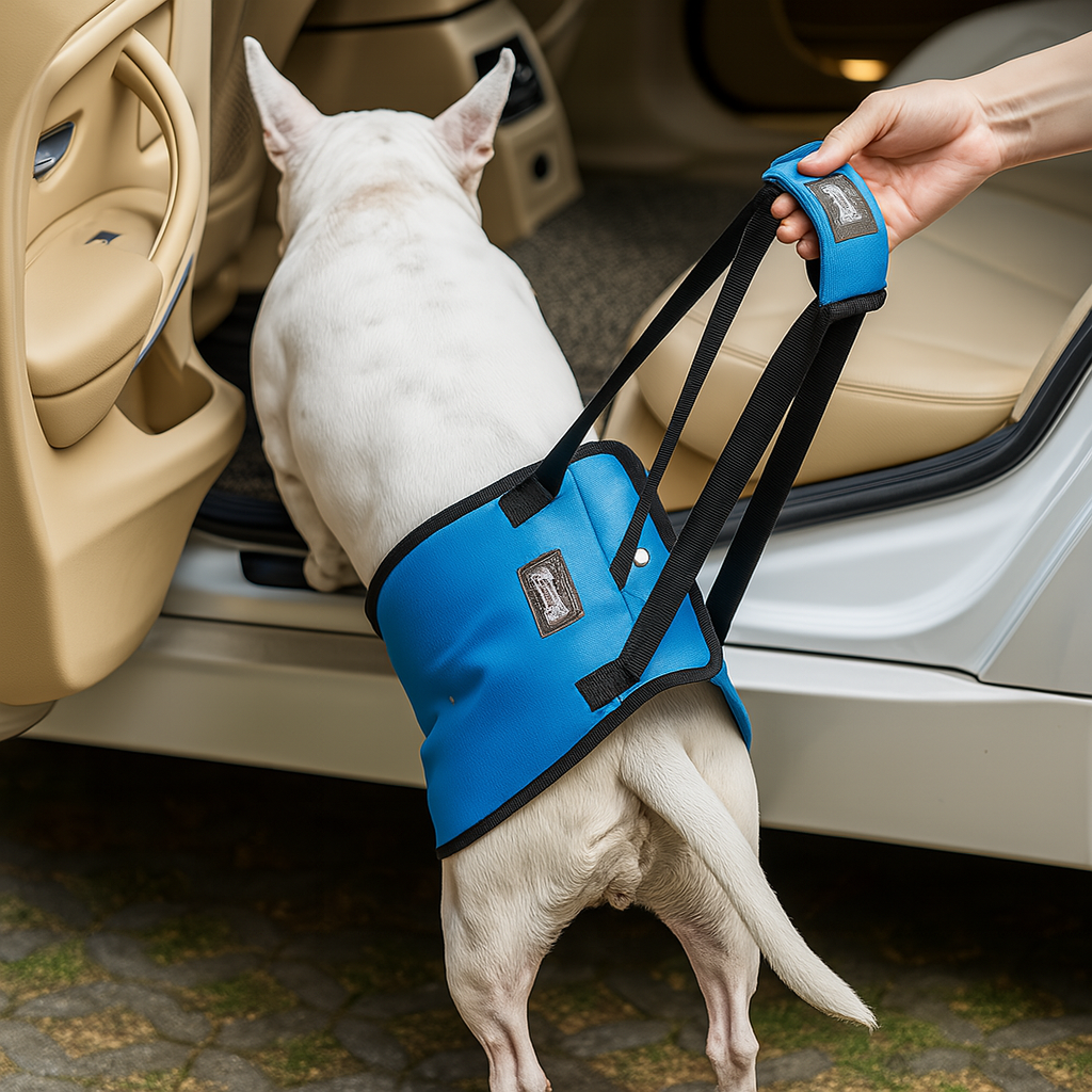 Chien blanc se faisant aider à monter dans une voiture de couleur beige. Le chien est aidé grâce à son harnais de maintien de couleur bleu et noir tenu par une main blanche. image produit Boutiquechien