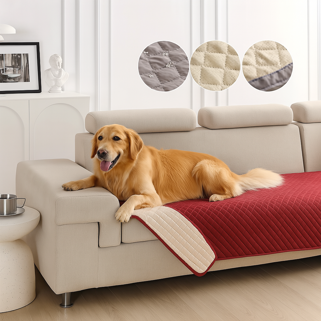 gros chien de couleur roux couché sur un canapé de couleur blanc sur un tapis waterproof pour canaoé. Image produit Boutiquechien