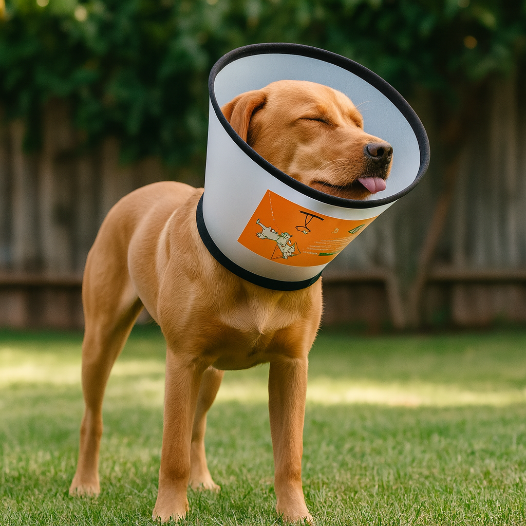 Grand chien de couleur brun portant une collerette pour chien de couleur transparente et noir. Le chiennes debout dans un jardin vert. Image produit Boutiquechien