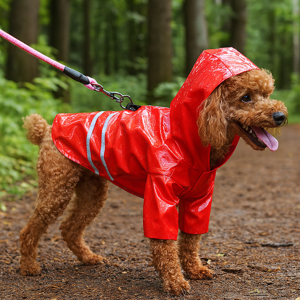 petit chien de couleur brun portant un imper pour chien de couleur riouge avec des bandes grises. Le chien est de couleur brun et il est dans une forêt. Image produit Boutiquechien