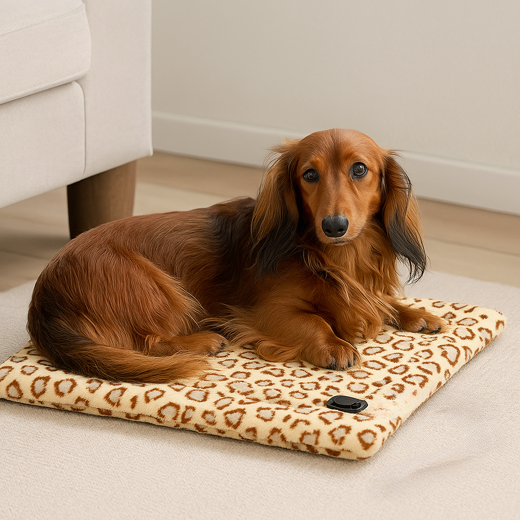 Chien brun à poil long de couleur brun posé sur son tapis chine léopard chauffant. En fond il y a un canapé blanc et un tapis blanc. Image produit Boutiquechien