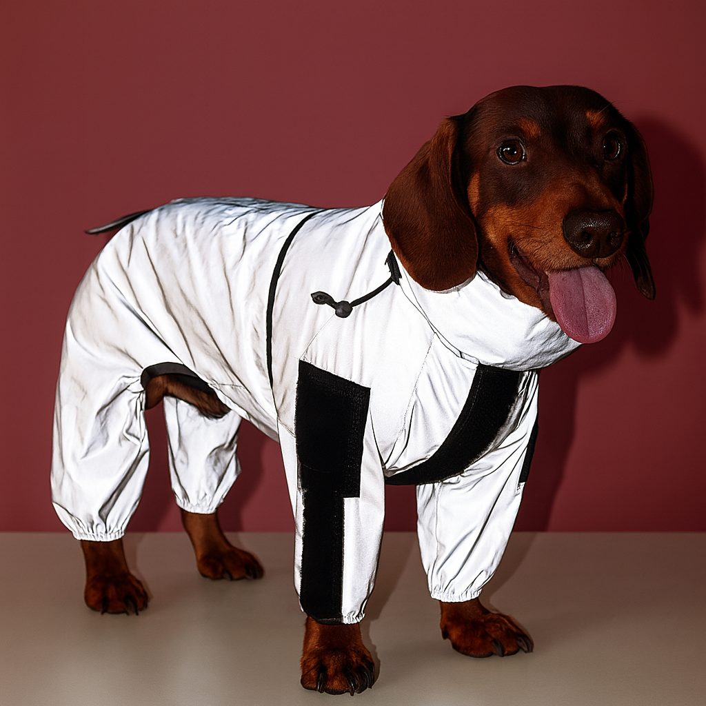 chien de couleur brun avec un imper de couleur gris reflechissant. Image produit Boutiquechien