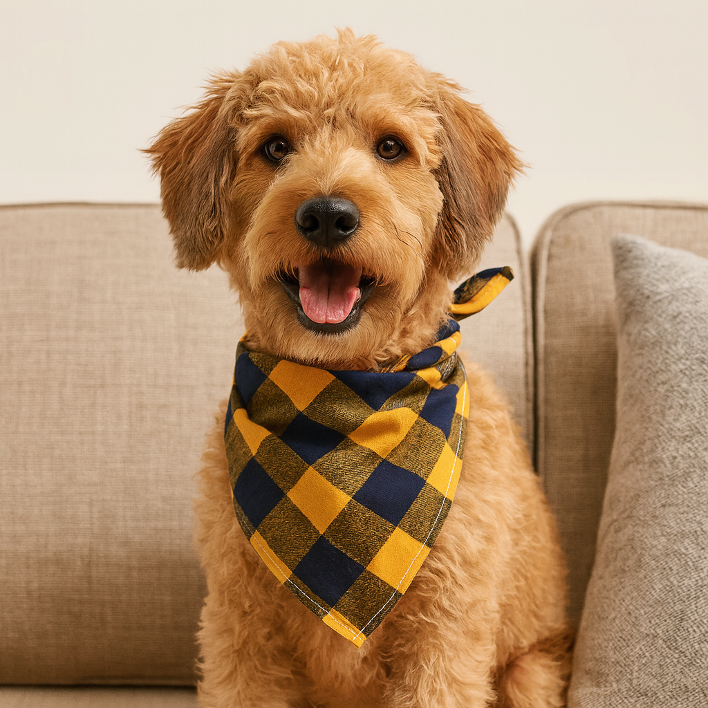 Chien de couleur brun assis sur un canapé de couleur gris avec un bandana pour chien de couleur jaune et bleu foncé. Image produit Boutiquechien