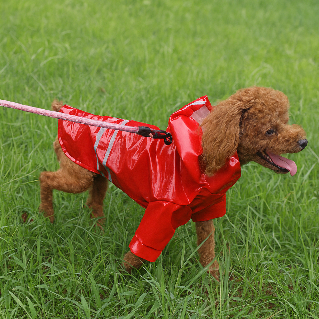 Petit chien de couleur Brun portant un imper pour chien de couleur rouge se promenant dans l'herbe verte maintenu par une laisse rose. Image produit Boutiquechien