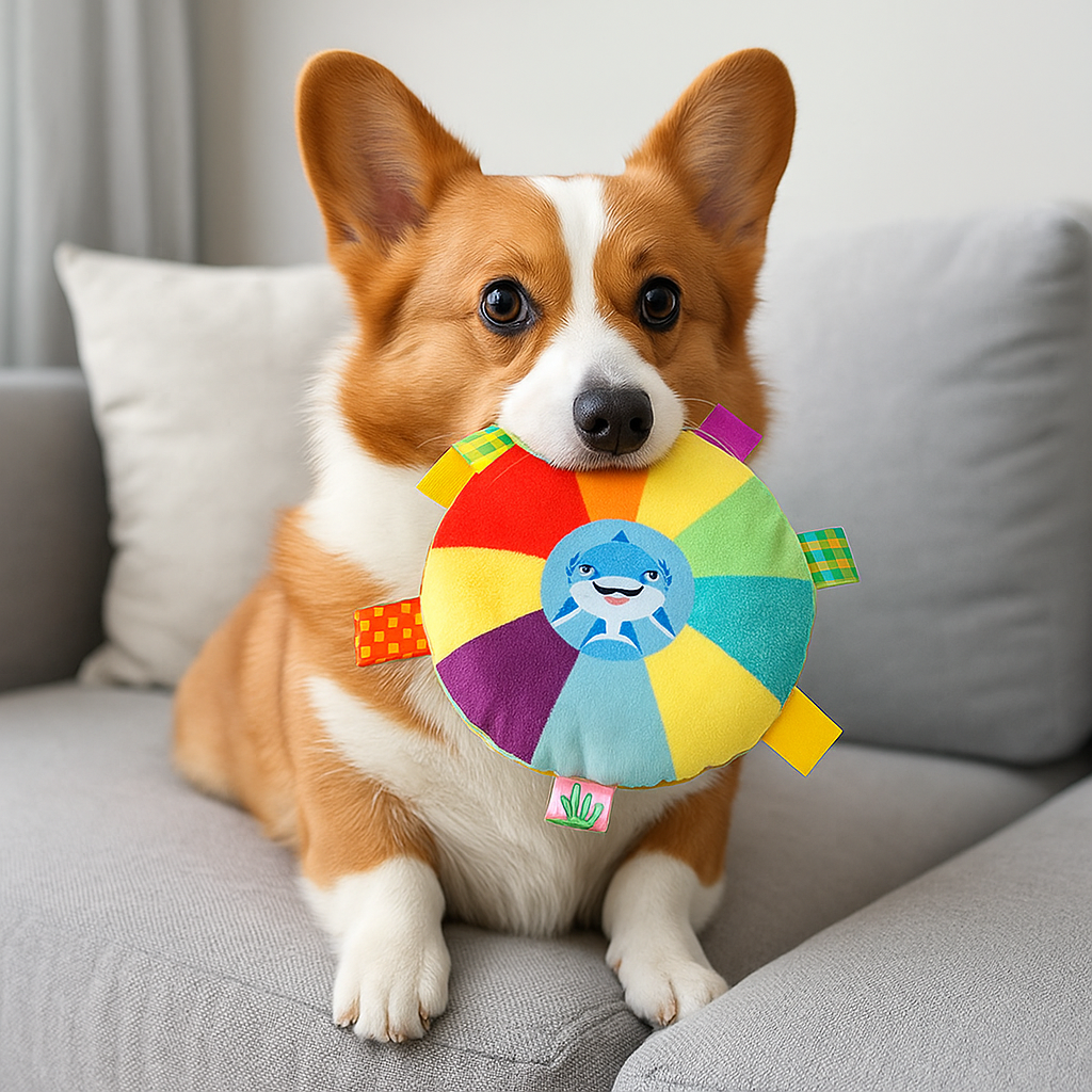 Shiba brun et blanc couché sur son canapé de couleur gris avec un jouet moelleux coloré entre la gueule. Image produit Boutiquechien