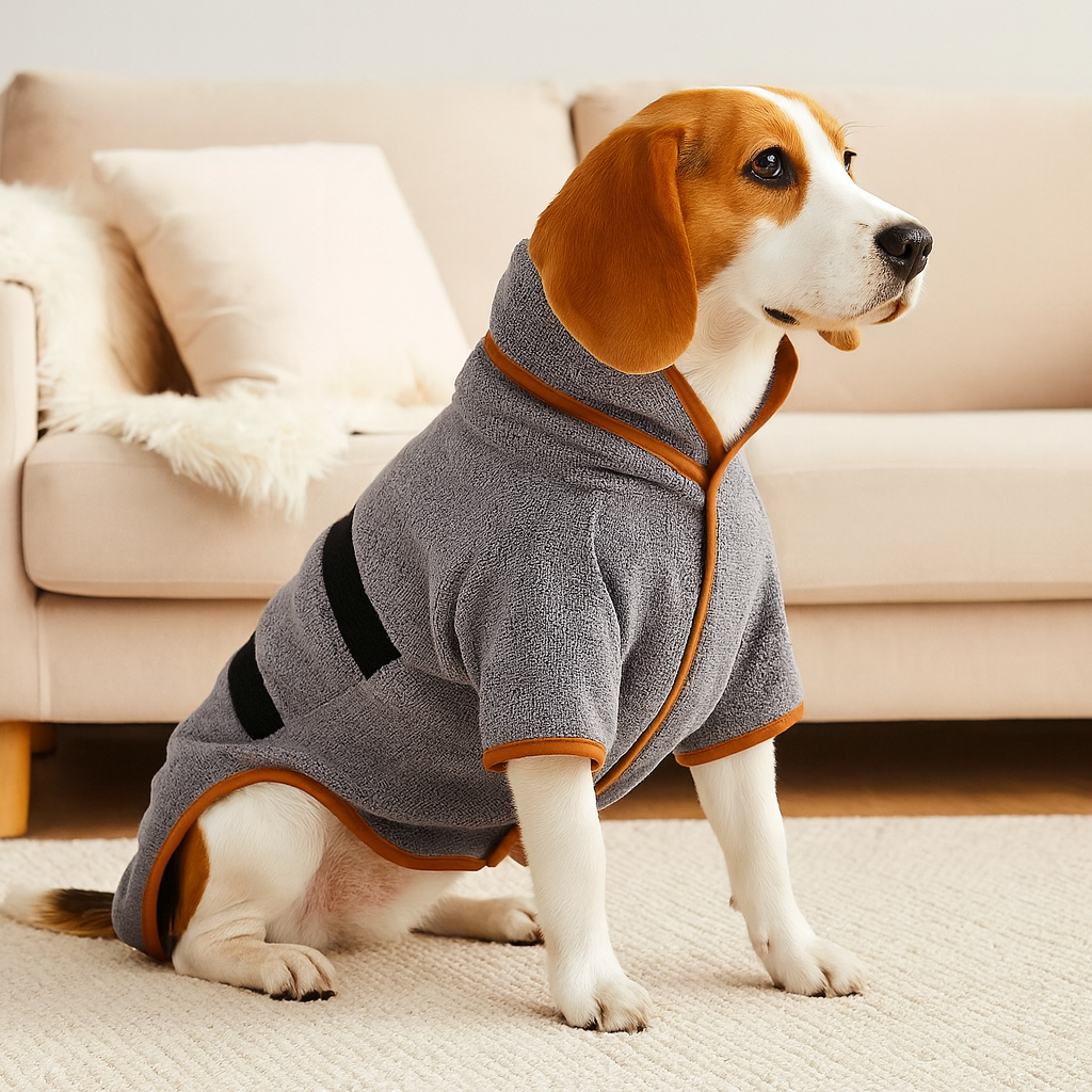Chien de couleur brun et blanc assis sur un tapis blanc portant un peignoir gris et orange. En fond il y a un canapé blanc. Image produit Boutiquechien