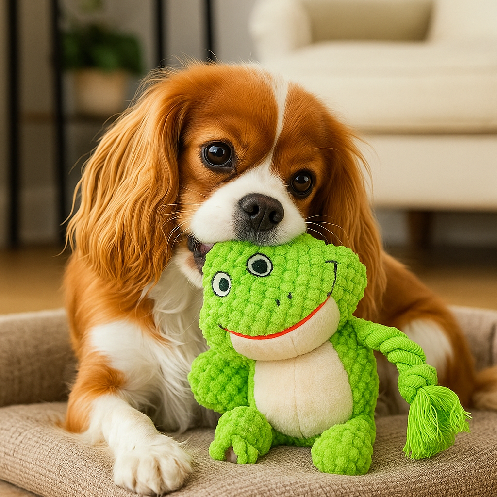 Chien brun et blanc couché sur un tapis chien de couleur gris doux et moelleux. En fond il y a un canapé chien blanc et une étagère noir. Image produit Boutiquechien
