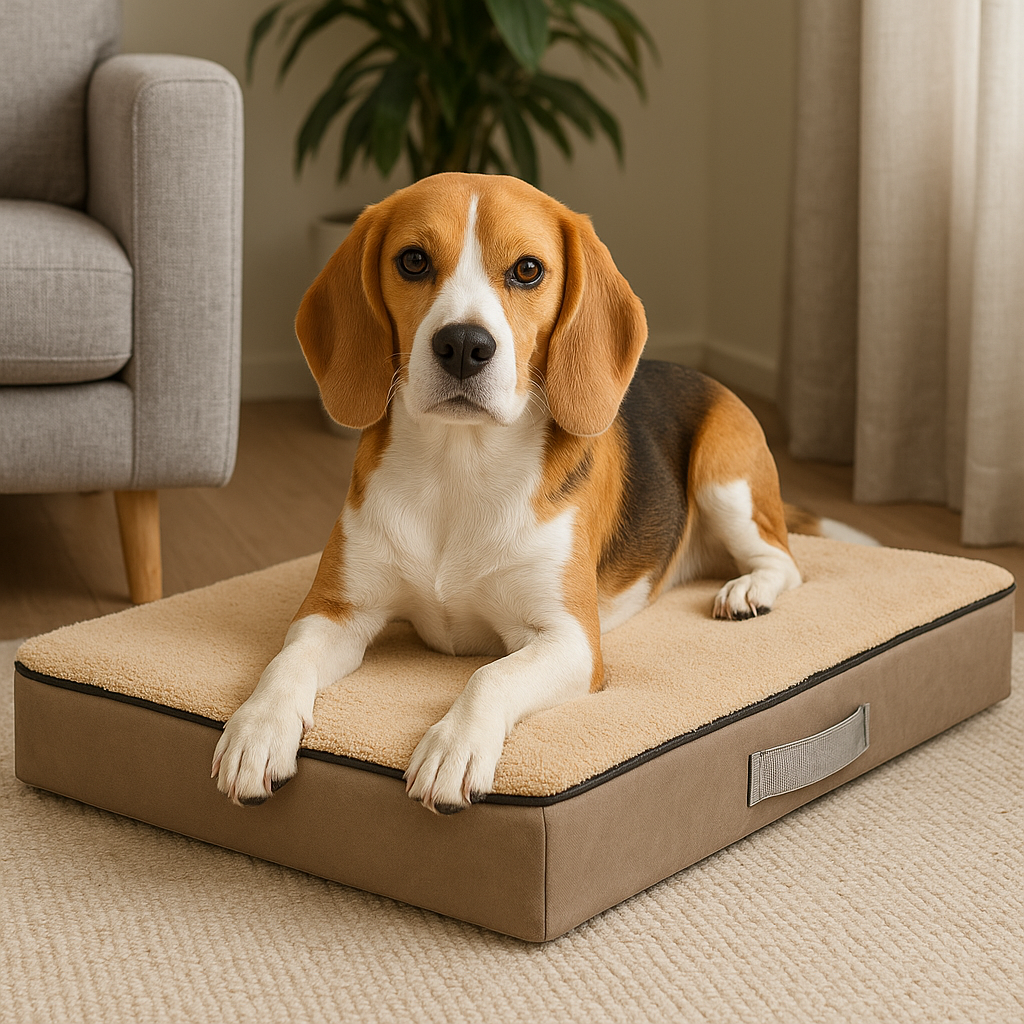 chien brun, blanc couché sur un tapis de couleur claire dans un salon claire. En fond il y a une plante verte et sur la gauche un canapé gris. Image produit de boutiquechien