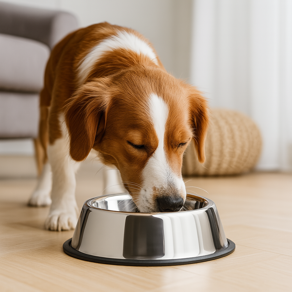 Chien brun et blanc mangeant dans une gamelle en inox avec dessous anti-dérapant noir avec en fond un canapé gris et un sol en bois. Image produit Boutiquechien