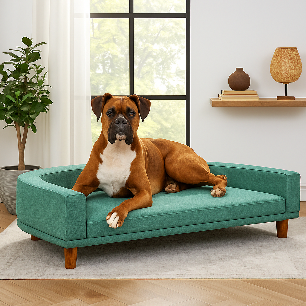 chien brun et blanc couché sur le canapé chien vert de grande tailles avec en fond un mur blanc et une plante verte. Image produit Boutiquechien