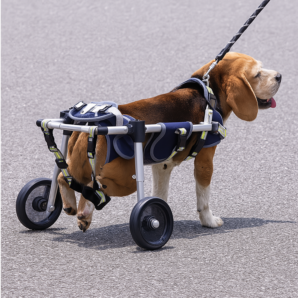 chariot pour chien de couleur bleu et gris avec un chien brun sur le chariot pour chien. Image produit Boutiquechien