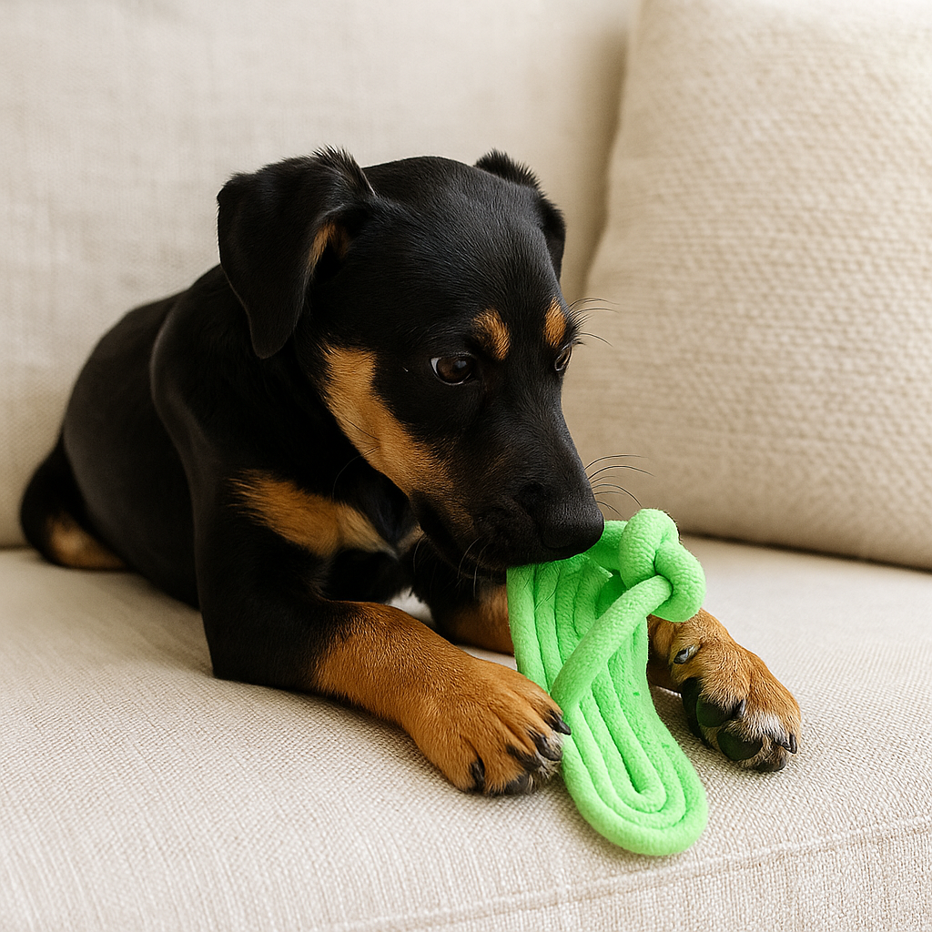 chien de couleur noir et brun jouant avec sa claquette style corde pour chien. Canapé pour chien de couleur blanc. Image produit Boutiquechien