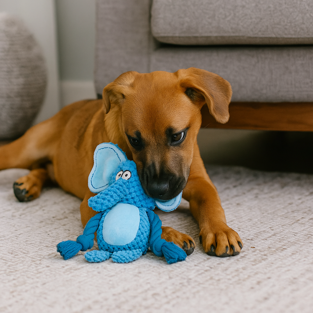 Chien brun jouant avec sa peluche éléphant de couleur bleu. En fond il y a un canapé de couleur gris. Image produit Boutiquechien