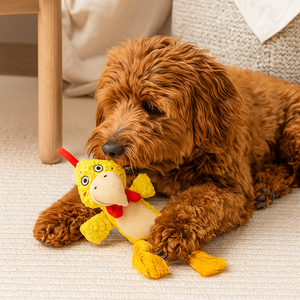 chien brun couché sur un sol de couleur claire, jouant avec un coq de couleur jaune et rouge. Image produit Boutiquechien