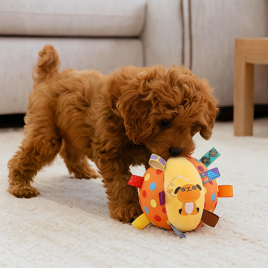 Chien brun jouant avec une balle peluche coloré avec en fond un canapé gris et une table basse. Image produit Boutiquechien