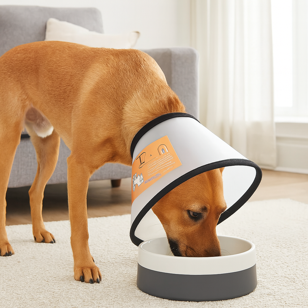 Chien de couleur brun portant une collerette pour chien de couleur transparente et noir. Le chien mange dans une gamelle pour chien blanc et gris. En fond il y a un canapé pour chien de couleur gris avec en fond des rideaux blanc. Image produit Boutiquechien