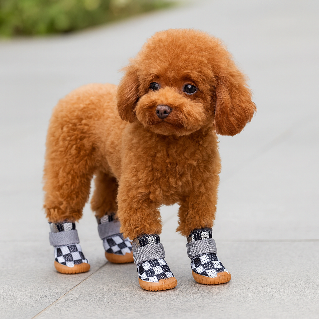 Chien de couleur burn portant des chaussures pour chiens de couleurs blanches et noir sur un sol gris. Image produit Boutiquechien