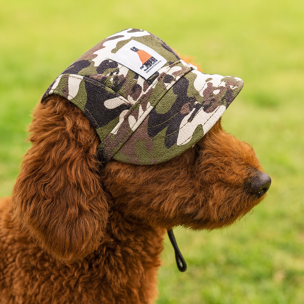 Petit chien de couleur brun portant une casquette pour chien de couleur camouflage. Image produit Boutiquechien