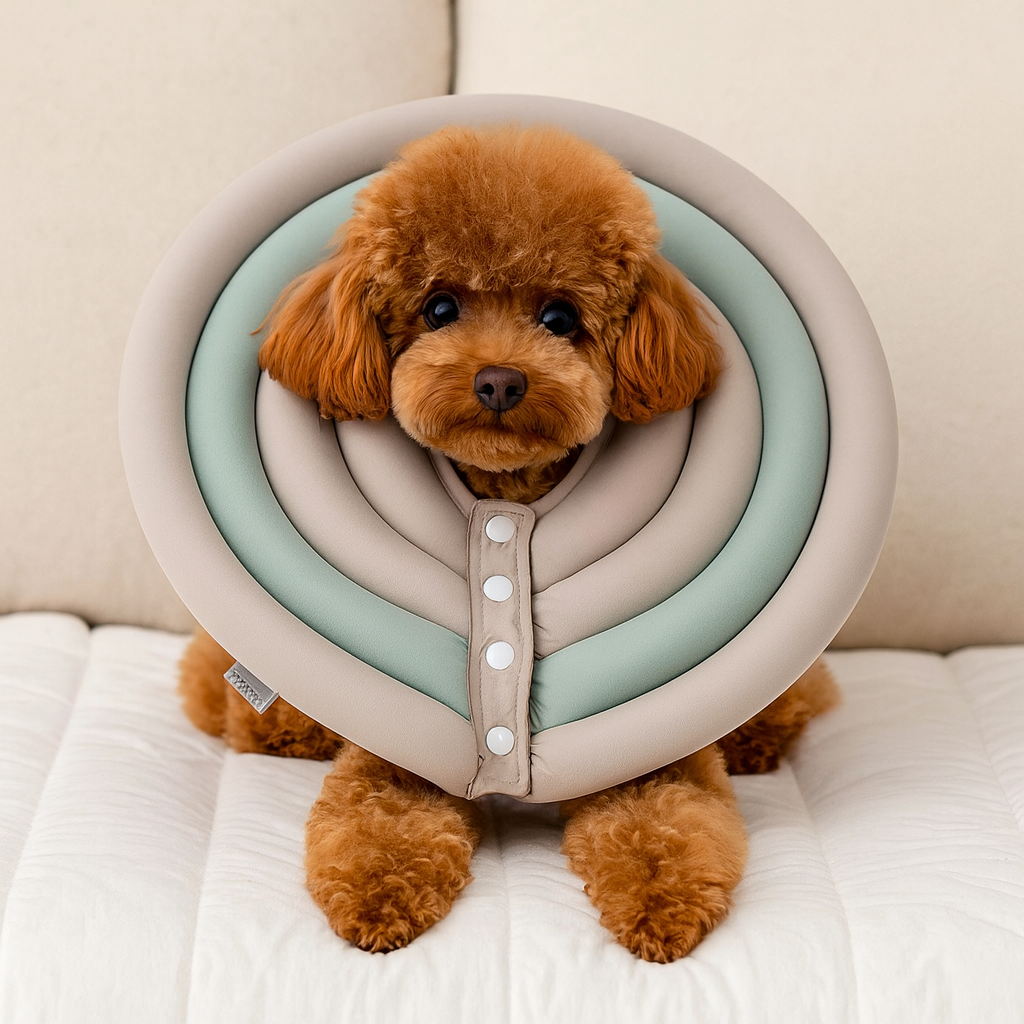 Petit chien de couleur brun portant une collerette de couleur grise et verte de boutiquechien