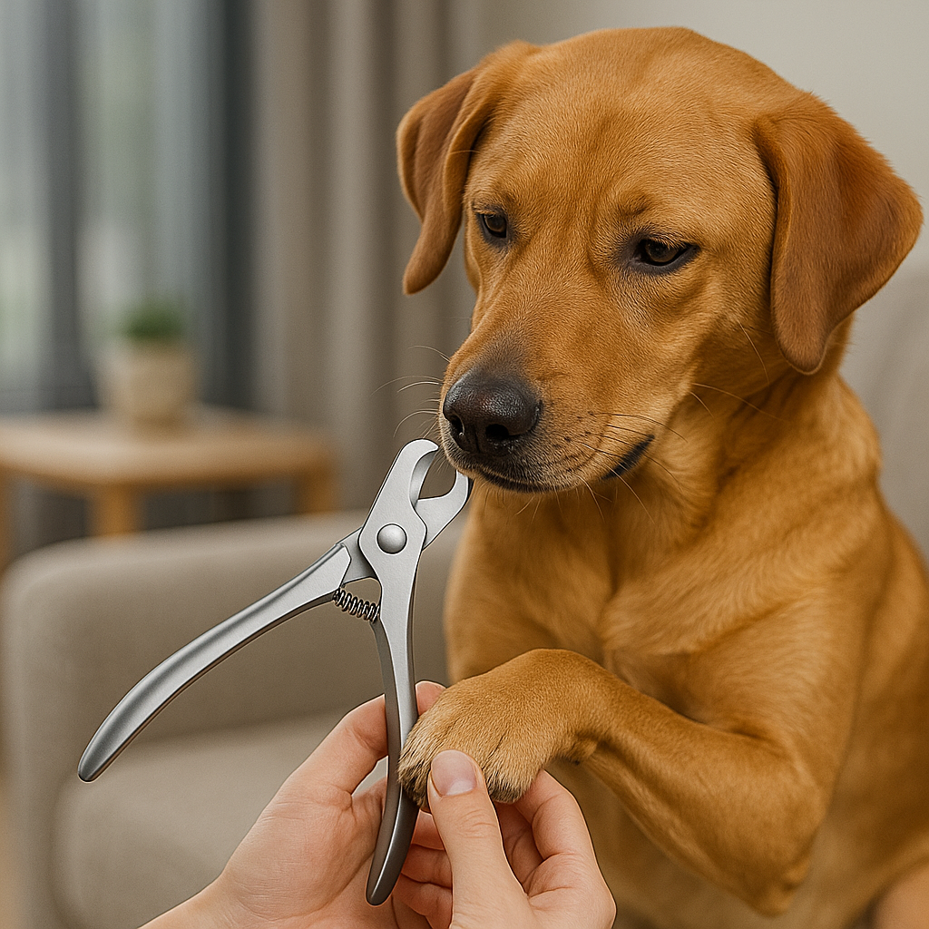 gros chien brun se faisant couper les ongles par un coupe ongle de couleur gris. EN fond il y a une table basse et un canapé gris. Image produit Boutiquechien