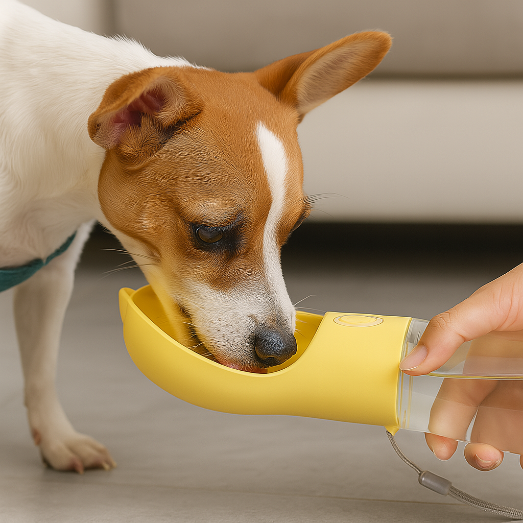 petit chien brun et blanc buvant de l'eau dans la gourde pour chien jaune. Le chien est dans un salon de couleur claire avec e fond un canapé blanc. Image produit Boutiquechien