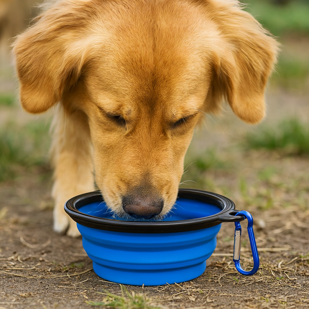 Chien roux buvant dans une gamelle bleu pliante dans un bois de couleur claire. Image produit Boutiquechien