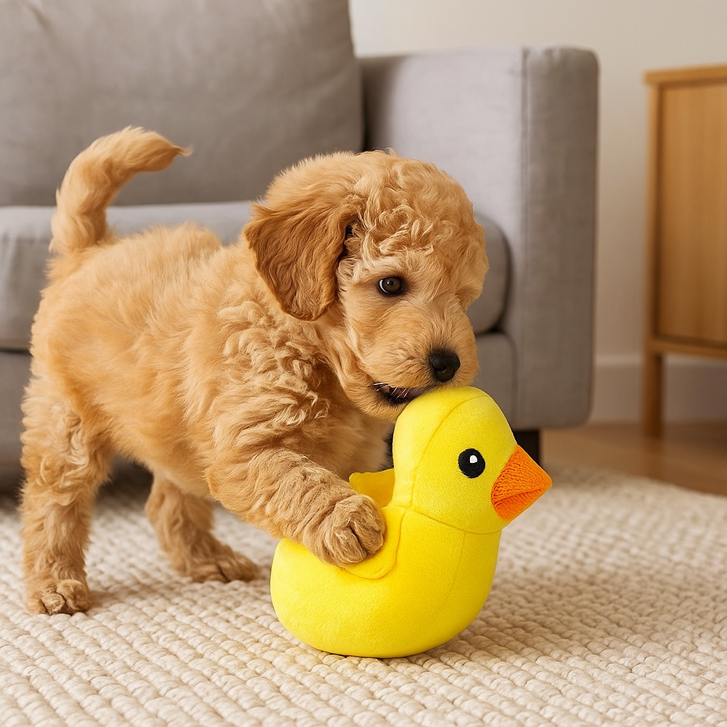 petit chien de couleur roux jouant avec sa peluche canard jaune. En fond il y a un canapé gris et un meuble en bois. Image produit Boutiquechien