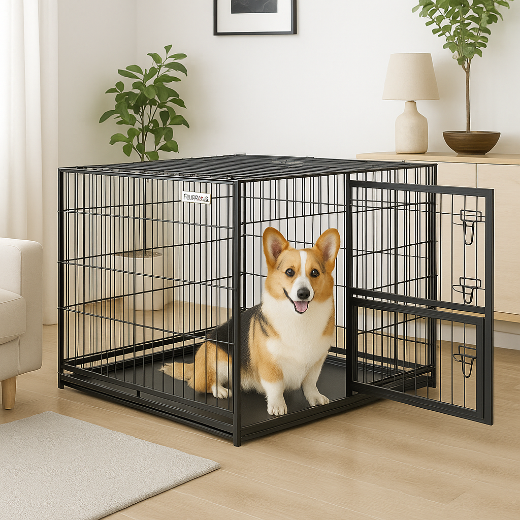 Chien corgi dans une cage de couleur noir avec en fond des plantes verte. Image produit Boutiquechien