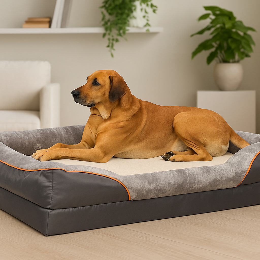 grand chien brun couché sur un canapé panier de couleur noir avec en fond des plantes vertes. Image produit Boutiquechien