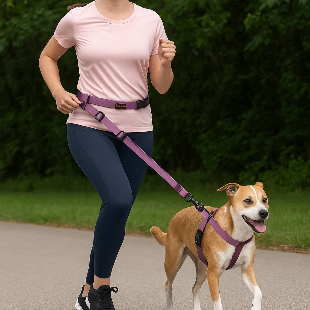 Chien courant avec sa maîtresse de couleur rose et bleu foncé courant avec son chien sur un chemin avec en fond un arbre vert. Image produit Boutiquechien