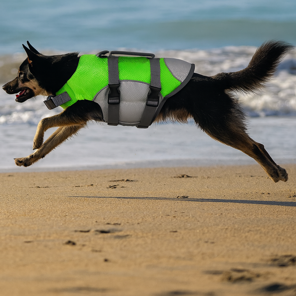 Chien noir courant sur un plage avec en fond la mer. Le chien porte un gilet de sauvetage pour chien de couleur vert et gris. Image produit Boutiquechien