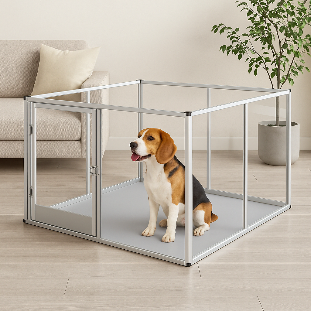 chien dans une cage transparente posé dans un salon de couleur claire avec en fond un canapé blanc et une plante verte. Le chien est brun et blanc assis dans la cage chien. Image produit Boutiquechien