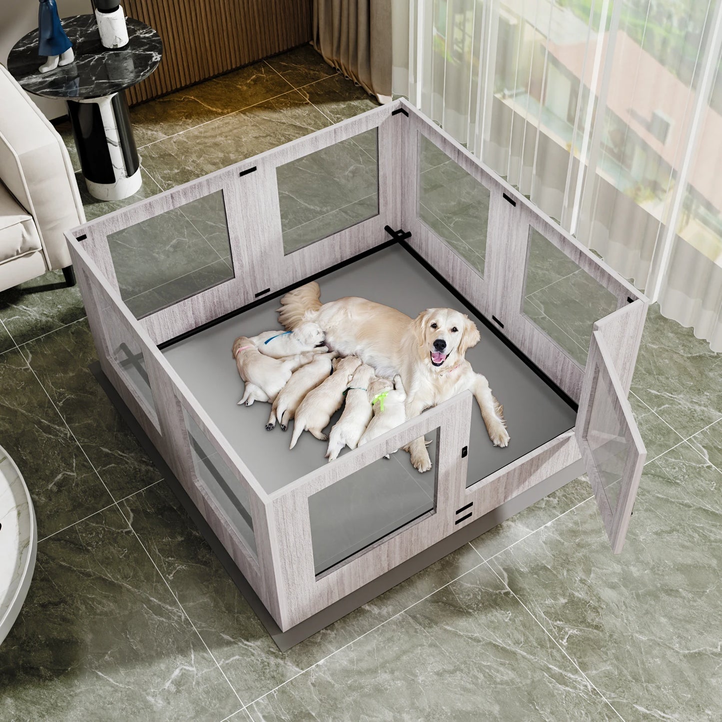 Chien blanc nourrisson ses chiots blanc dans un salon de couleur claire design avec du marbre partout. Image produit Boutiquechien