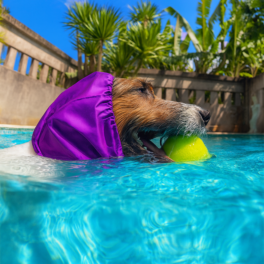 Chien brun nageant dans une piscine en jouant avec sa balle de tennis dans l'eauL En fond il y a des arbres vert. image produit boutiquechien