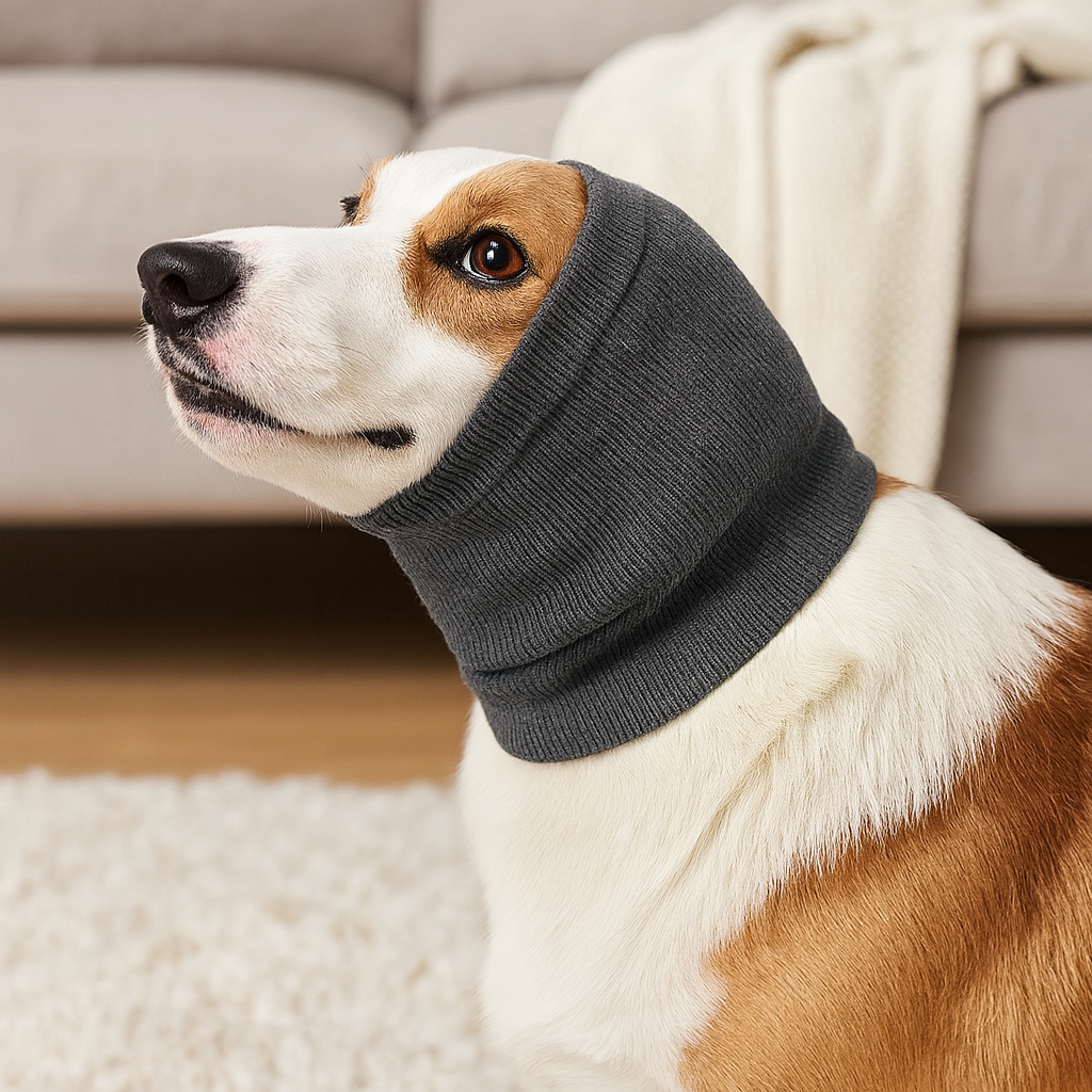 Chien de couleur brun et blanc couché sur un tapis blanc dans un salon de couleur claire avec en fond un canapé gris. Le chien porte un cache cou et oreille de couleur grise. Image produit Boutiquechien