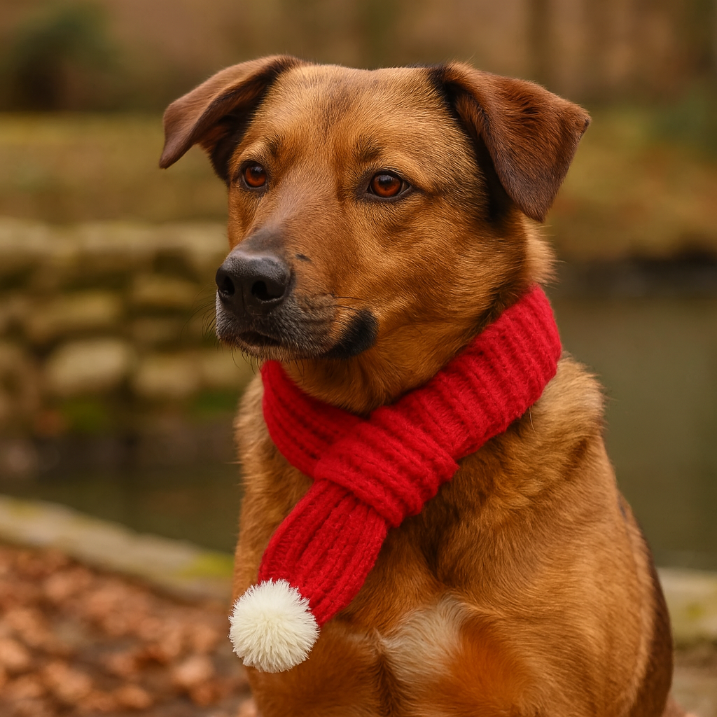 grand chien de couleur brun portant une écharpe pour chien de couleur rouge avec un pompom blanc. En fond il y a un étang brun. Image produit Boutiquechien
