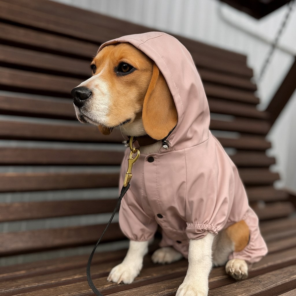 Chien de couleur brun avec un imper rose assis sur un banc en bois. Le chien porte un collier noir et sur ce collier y est attaché une laisse noir. Image produit Boutiquechien