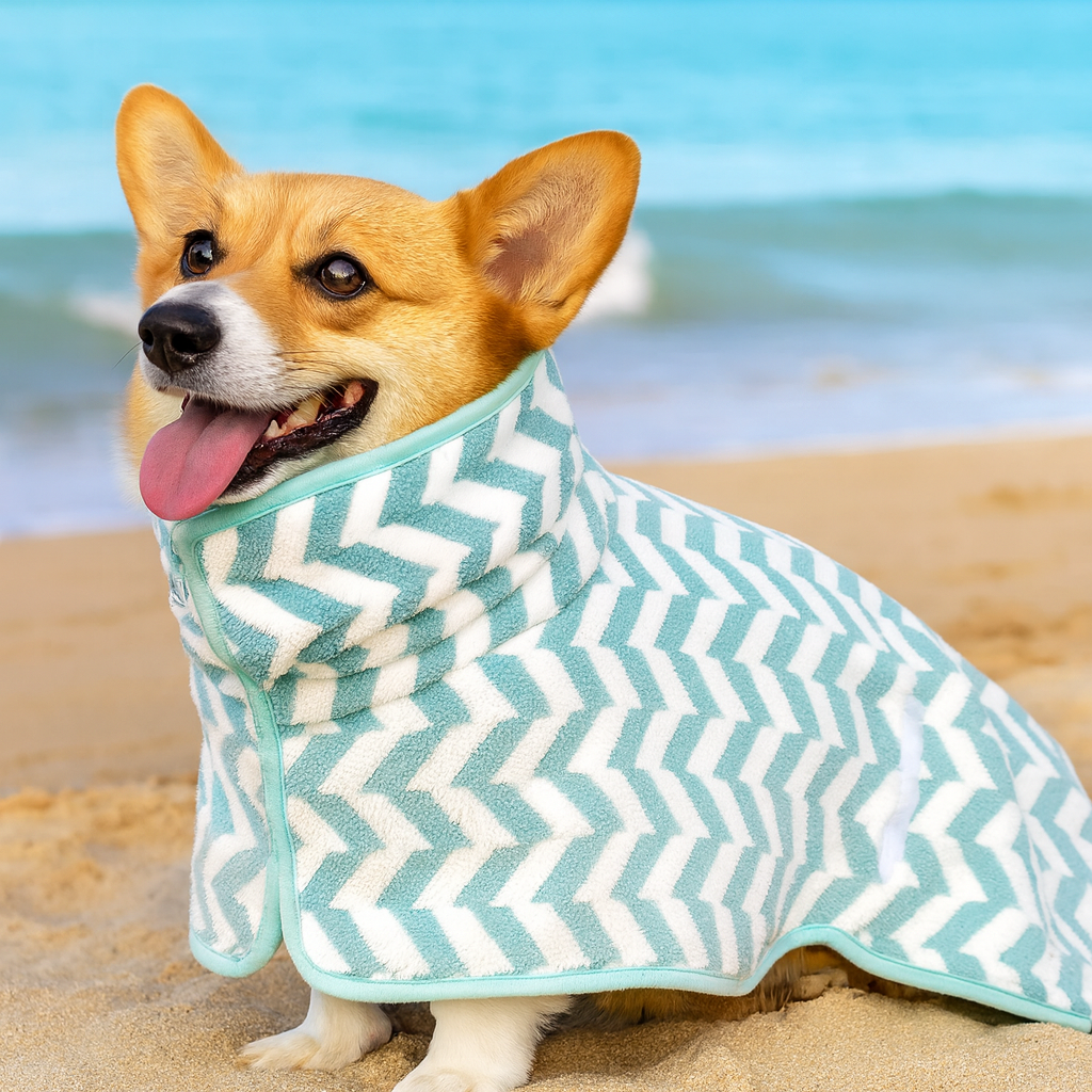 Chien de couleur brun portant un peignoir pour chien de couleur bleu et blanc. Le chien est sur une plage sable avec en fond la mer. Image produit Boutiquechien