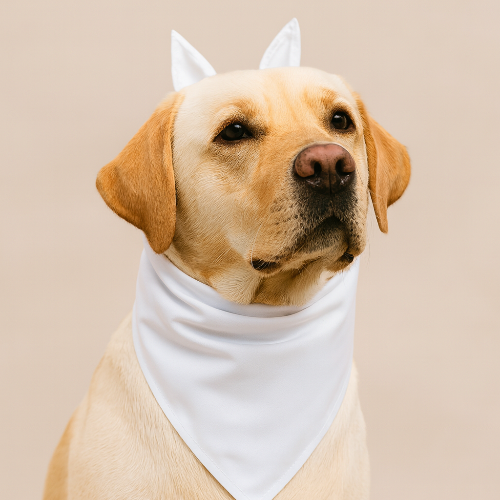 Gros chien de couleur blanc portant un bandana de couleur blanc. Image produit Boutiquechien