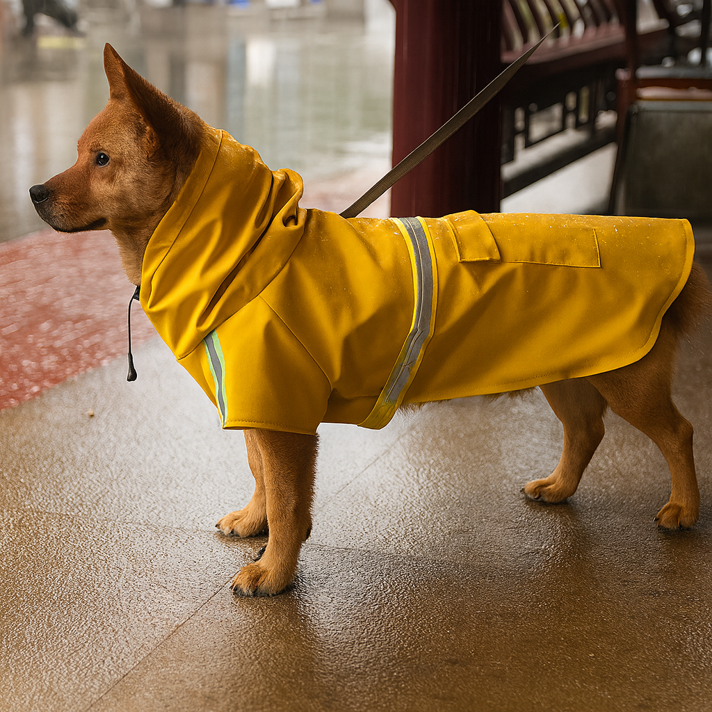 Chien de taille moyenne de couleur brun portant un imperméable de couleur jaune à bande réfléchissante. Le chien est dans la rue sous la pluie. Image produit Boutiquechien