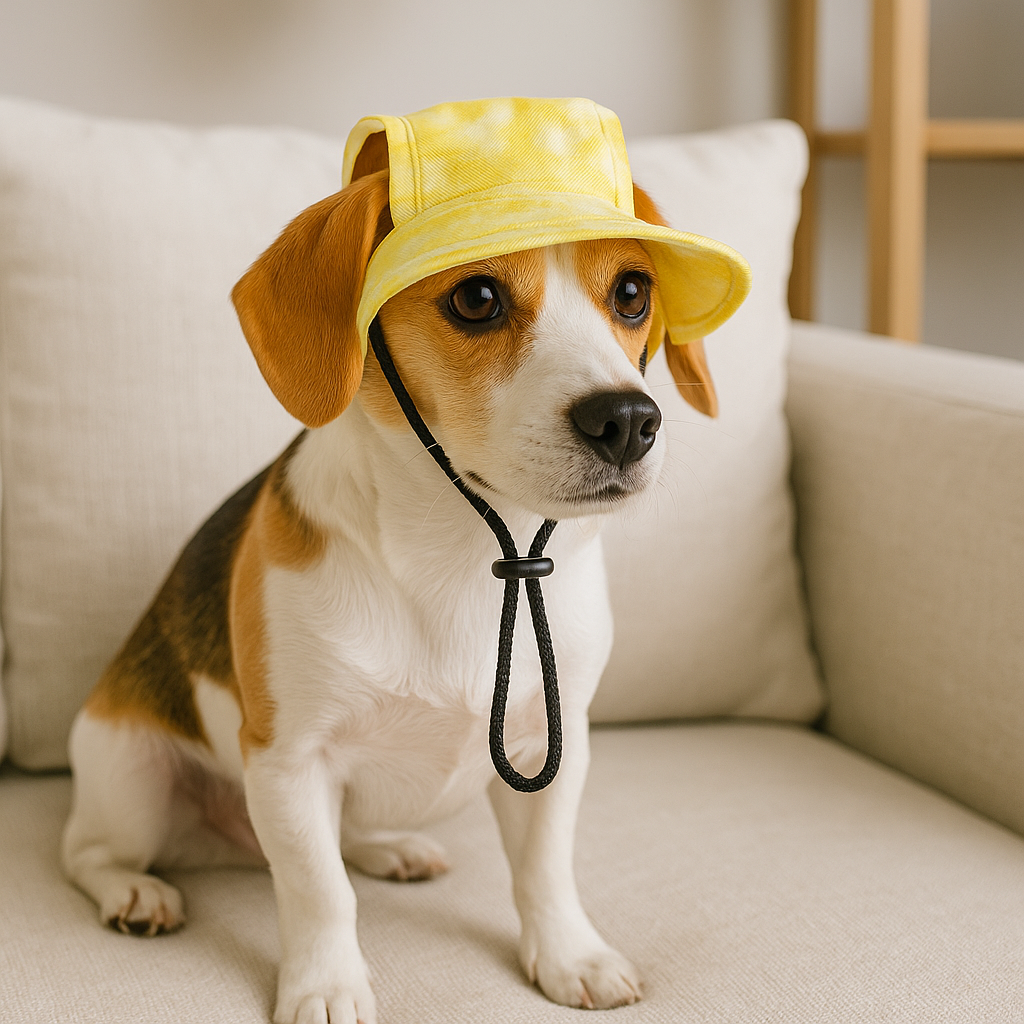 petit chien de couleur blanc et brun portant un bob pour chien de couleur jaune. Le chien est assis sur un canapé de couleur gris. Image produit Boutiquechien