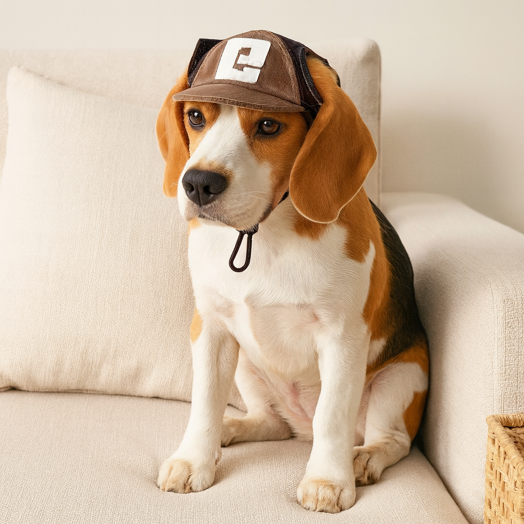 Chien de taille moyenne de couleur brun et noir sur un canapé pour chien de couleur blanc. Image produit Boutiquechien