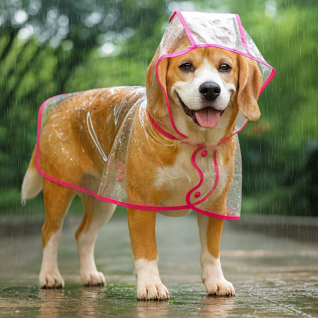 Chien de taille moyenne de couleur claire avec un imperméable de couleur transparent et rose. Le chien est sur du béton avec autour de lui des arbres vert. Image produit Boutiquechien