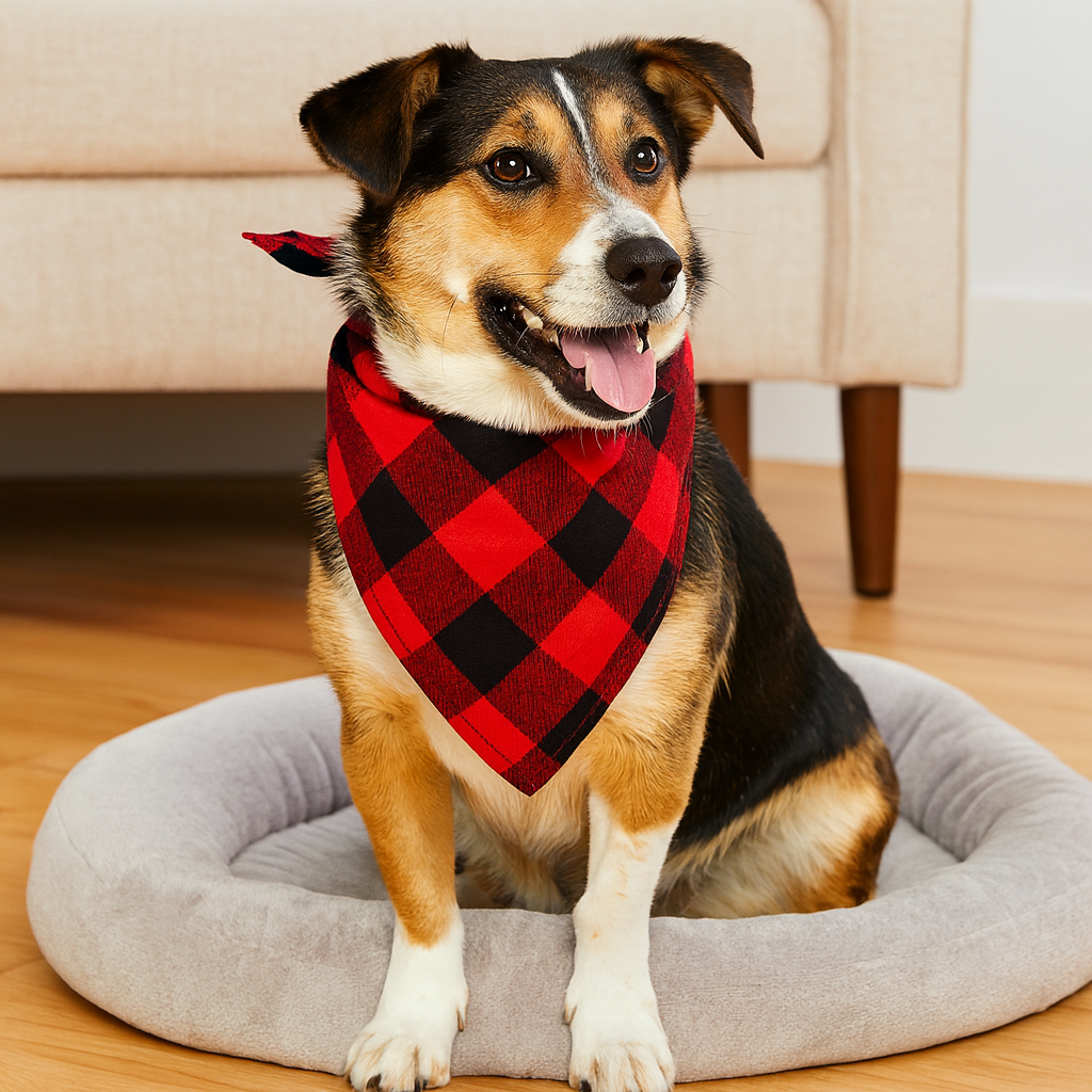 chien de taille moyenne de couleur claire portant un bandana pour chien de grande taille rouge et noir. Le chien est assis dans un petit panier pour chien de couleur gris dans un salon. Derrière le chien il y a un canapé de couleur beige avec des pieds brun. Image produit Boutiquechien
